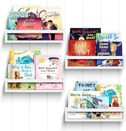 KALDJKS Wandregal Kinderzimmer, 42 cm, Massivholz, für Bücher, Spielzeug, Dekoration, Wand-Bücherregal, Hängeregal, Weiß, 4er-Se