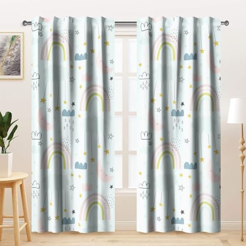 Kzzfqxb Cortinas Infantiles de 107x160cm 2 Paneles, diseño de arcoíris Nubes Luna y Estrellas con Dibujos Animados, Color Azul Claro y Rosa para Dormitorio Infantil, guardería y Sala de Estar