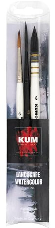 KUM 5147916 - Künstlerpinsel-Set Landscape Watercolor, 3 Pinsel für Aquarellmalerei, Schwarz/Weiß | Künstlerisches Brush Set für Aquarellmalerei, Watercolor und Landschaftsmalerei