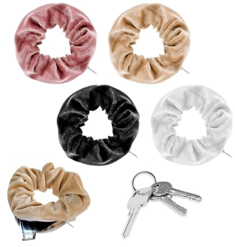 Nogeqi Pack of 4 Women's Hair Bobbles with Zip, Soft Scrunchie with Zip Pocket, Cable Elastic, Travel Gadgets for Money, Jewellery, Travel in Black, White, Beige, Light Pink