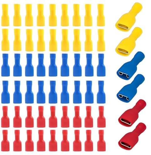 JUGUTA 60 Stück Schnellkupplungsbuchse Vinyl Vollisoliert, Flachsteckhülsen 6.3 X 0.8Mm Kabelschuh, Rot Für 0.5-1.5Mm² (22-16 Awg), Blau Für 1.5-2.5Mm² (16-14 Awg), Gelb Für 4.0-6.0Mm² (12-10 Awg)