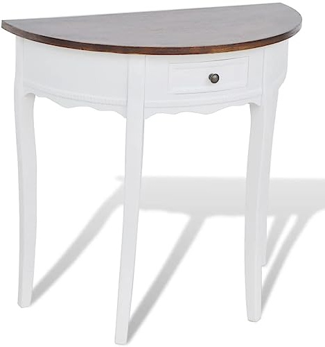 QUAHEAS Table console avec tiroir, semi-circulaire, cadre blanc, plateau en bois marron, table d'appoint étroite pour couloir, chambre à coucher, salon