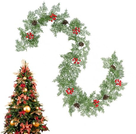 Guirnalda de Navidad - Guirnalda Invernal De Pino con Piñas Y Bayas Rojas con Textura Real Navideña 200 Cm | Decoración para Colgar en Chimenea Escaleras Mesa Interior Exterior Decoración Hogar