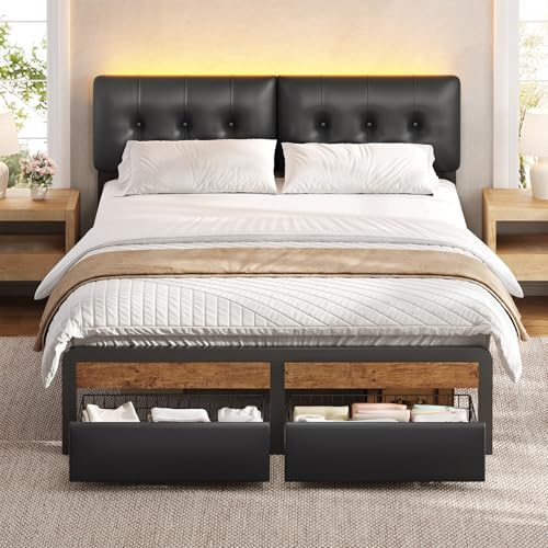 KIMENICH Bett 140x200 cm, Metallbett Bettgestell mit LED-Beleuchtung, Bettrahmen mit 2 Schubladen, Höhenverstellbares Kopfteil, Doppelbett mit Lattenrost, für Schlafzimmer, Gästezimmer, PU Schwarz