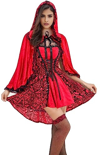 Générique Deguisement Petit Chaperon Rouge Femme, Robe Petit Chaperon Rouge et Cape avec Capuche, Costume Princesse Adulte pour Mardi Gras Cosplay Little Red Riding Hood Carnaval