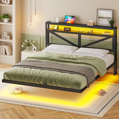 AOGLLATI Schwebendes Bettgestell 160×200 mit LED-Beleuchtung und Ladestation Floating Bed Frame mit Staukopfteil Metallbett mit Lattenrost aus Metall Gästebett Doppelbett Jugendbett-ohne matratze