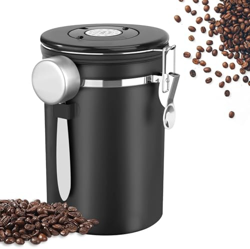 1,8L Kaffeedose Luftdicht, Kaffeedose Luftdicht aus Edelstahl, Kaffeebohnen Behälter,Kaffee Dose,Mit Messlöffel und Datumsanzeige, für Kaffeebohnen Tee Nüsse Kakao Länger und Frisch Bleiben,Schwarz