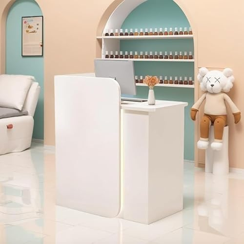 Böjd receptionsskrivbord med LED-ljus, låsbara lådor, 6 färger, modern reception för salong kontor butik – kompakt integritetspanel (vit)