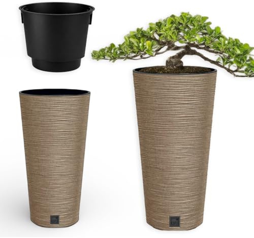 FEINZ Blumentopf ECO Wood 25x48 cm Naturo | Einsatz, Holzoptik, Drainageeinsatz, Innen, Außen, wetterfest, stabil, dekorativ, Boho-Design