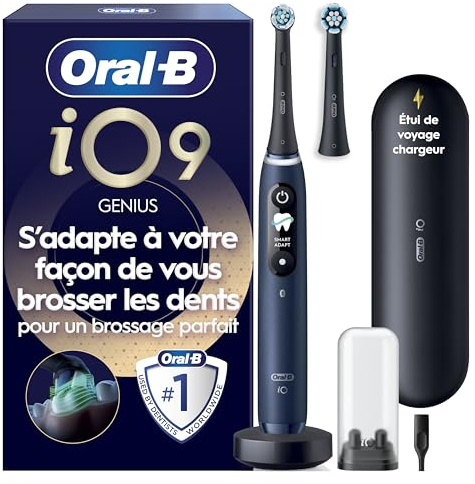 Oral-B Brosse à Dents Electrique iO 9, 2 Brossettes de Rechange, Bleu Saphir – 7 Modes de Brossage dont Smart Adapt, Blancheur, Soin Gencives, Charge Rapide de la Batterie, Capteur de Pression, Etui