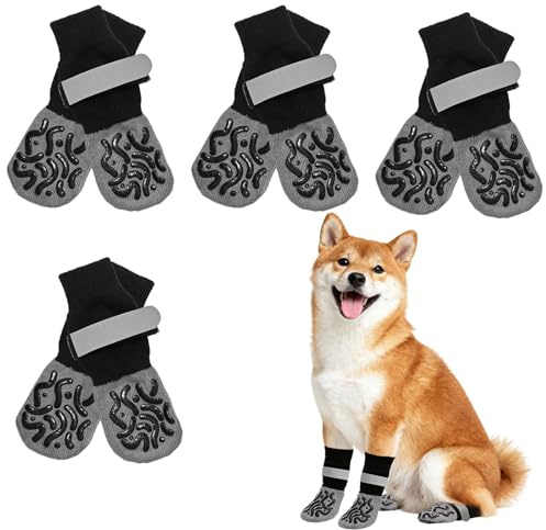 ZEMINRI 4 Paar Hundesocken Anti Rutsch Pfotenschutz Hund Hunde Schuhe(M) | Doppelseitige pfotenschutz hund verletzung für spaziergänge & joggen hunde schuhe outdoor für kleine mittlere outdoor