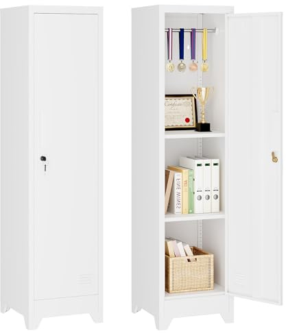 Dripex Armoire en métal avec Barre de Suspension - Armoire en Acier - Verrouillable - Armoire de Rangement Polyvalente - pour école, Maison, Bureau, Garage - Blanc - 150 x 38 x 38 cm