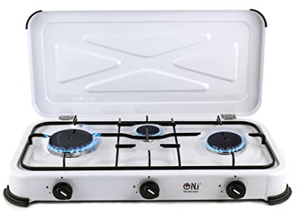 NJ-03 Camping Gas Stove - Portable 3 Burner LPG Gas Hob Cooker with Lid for Outdoor Caravan Garden 4.25kW, White