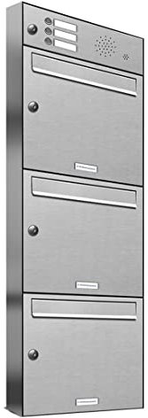 AL Briefkastensysteme 3er Briefkastenanlage mit Klingel, Edelstahl, Premium Briefkasten DIN A4, 3 Fach Postkasten modern Aufputz