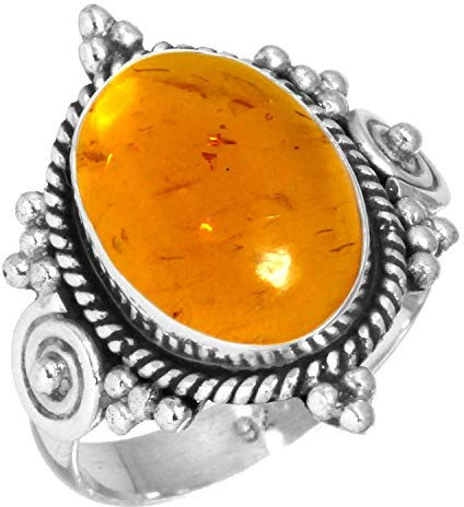 Jeweloporium Anello in argento ambra arancione, misura 11, anello in argento sterling 925 per donna, gioielli boho con pietra ovale