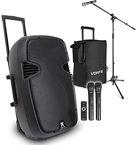 Vonyx SPJ-PA915 15 Inch Portable PA System - 700W Battery Powered Active Bluetooth Speaker Set with UHF Wireless Microphones, Wired Mic, Stand & Carry Bag, Trolley for Buskers, Events & Fitness