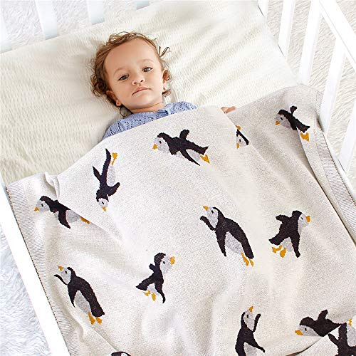 Manta de Punto para Bebé Recién Nacido, Surwin Suave y Cálida Patrón de Pingüino Lindo Algodón Punto Cobija Niños Niñas Swaddle Manta para Bebé Cuna, Cochecito (100x80cm,Blanco)