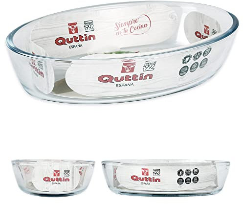 Quttin - Fuente de Vidrio para Cocina, Borosilicato Cristal, Ovalada, Microondas Horno Congelador y Lavavajillas, 20.6 x 13.6 x 4.8 cm - 700 cc