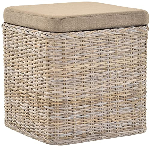 korb.outlet Rattan Laundry Basket Laundry Chest Seat Padded Hallway Bench Storage Box with Lid Bathroom Stool Stool Laundry Hamper Seat Chest Natural (Grey Natural, Square)