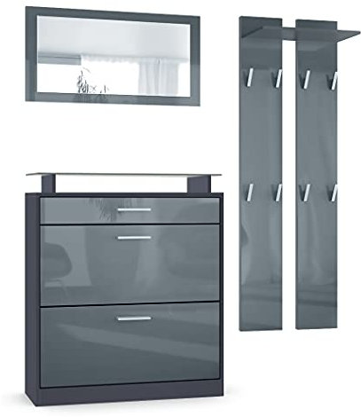 Vladon Garderoben-Set Loret Mini, Schuhschrank 89 x 104 x 23 cm für bis zu 16 Paar Schuhe inkl. Spiegel, 2 Wandpaneele, Anthrazit matt & Grau Hochglanz