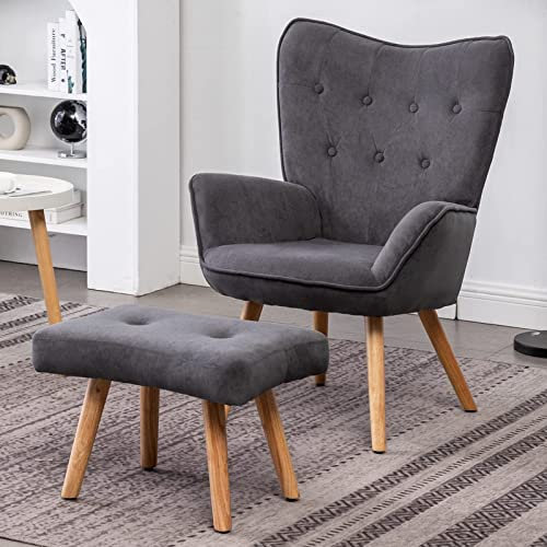 HollyHOME Ohrensessel mit Hocker Sessel mit Hocker Sessel Wohnzimmer & Schlafzimmer Samt Relaxsessel Lesesessel Lounge Sessels Armlehnensessel, Dunkelgrau