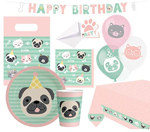 amscan 9907565-66 Hello Pets Kit de fête 60 pièces Vaisselle jetable & décoration pour Chats, Chiens, Animaux, Anniversaire d'enfant, fête à thème