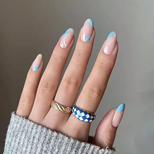 24PCS Medium Coffin False Nails with Glue Stickers,Full Cover Acrylic and Press on Nails no Glue,Blue Waves French Tip Fake Nails Stick for Women and Girls Nail Art.