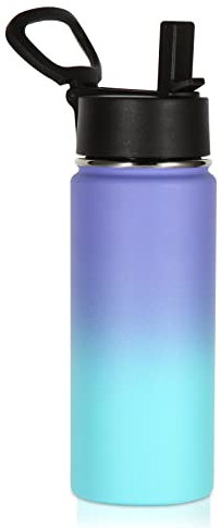 Volhoply Botella de agua aislada para niños de 18 onzas, botellas de agua de acero inoxidable con tapa de pajilla, frasco deportivo de boca ancha para bebida fría (azul púrpura, 1 juego)
