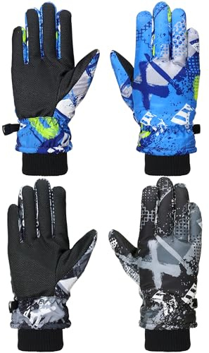 Honoson 2 Pairs Kids Snow Gloves Winter Waterproof Kids Ski Gloves Youth for Girls Boys Outdoor Toddler Snowboard Warm Clothe(Retro Pattern,10-15 Years)