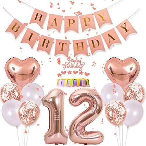 Conruich Decorazioni 12 Anni Compleanno Ragazza, Palloncini 12 Anni Compleanno Oro Rosa, Topper per Torta 12° Compleanno Ragazza, Gigante Palloncino Numero 12, Decorazioni per Feste di 12° Compleanno