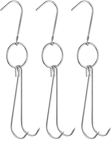 sourcing map 11.6'' Double Meat Hooks, 0.13'' Thickness Stainless Steel Smoker Hook Tools for Grill Cooking Fish Chicken, Pack of 3