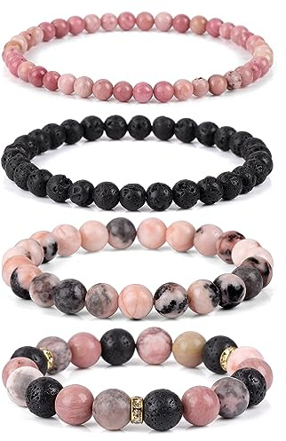 Vinswet 4pcs Natural Stone Beaded Bracelets for Women Men,Healing Crystal Gemstones Stretch Bracelet,4mm 6mm 8mm 10mm Pink zebra Lava Rock Rhodochrosite Anxiety Stress Relief Bracelet Jewelry Gifts