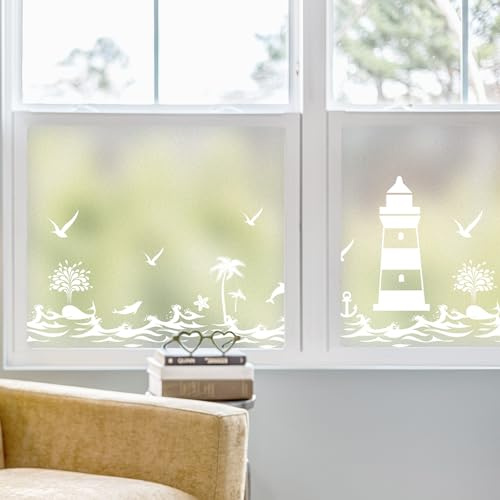 dktie Fensterfolie Blickdicht Sichtschutzfolie Fenster Milchglasfolie Muster des Leuchtturm und Meeres Statische Aufkleber ohne Klebstoff Wiederverwendbar Geeignet für Wohnzimmer 90x200cm, (02-2)