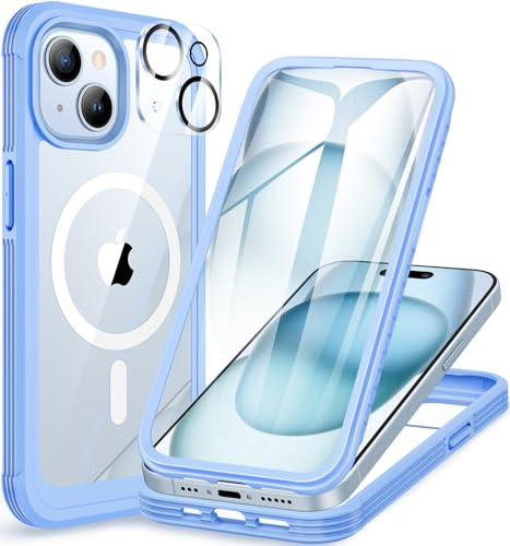 CENHUFO für iPhone 15 Hülle, Kompatibel mit MagSafe Eingebautem Panzerglas Displayschutz und Kamera Schutzfolie 360 Grad Schutzhülle Stoßfest Cover Case Magnetisch Handyhülle iPhone 15 - Blau