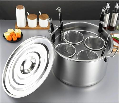 3/4/5 Holes Stockpot Stew Cooking Pot，Stainless Steel Induction Pot with Lid and Strainer Basket, Compatible with All Heat Sources, Oven Resistant, Dishwasher Safe (Color : 4 Holes, Size : C