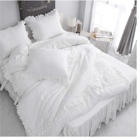 ALturn Set di biancheria da letto in lino da 3 pezzi, con volant decorativo, volant decorativi, copripiumino king size traspirante,Set di biancheria da letto