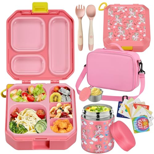 wiwens Bento Lunch Box for Kids with 12oz Soup Thermo Leak-Proof Lunch Food Container with 5 Compartment Thermo Hot Food Jar and Insulated Lunch Bag for Kid Toddler Girls Boys to School