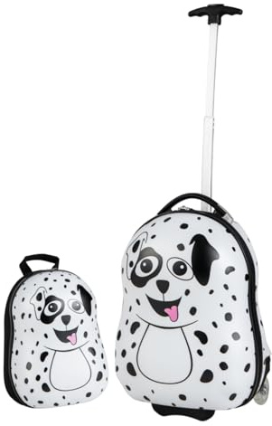 Maxmass 2PCS Kids Luggage Set, 12 & 16 Hard Shell Children Trolley Case with 4 Universal Wheels, Girls Boys Suitcase and Backpack Set for Travel (White, Spotted Dog)