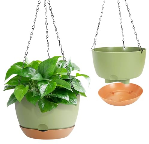 Kunjocy Pack of 2 Hanging Plant Pot, 20CM Diameter Hanging Planters Set 8 Inches Hanging Planters with Chain Hook Garden Hanging Basket for Home Garden Indoor Outdoor (Green, 20cm)