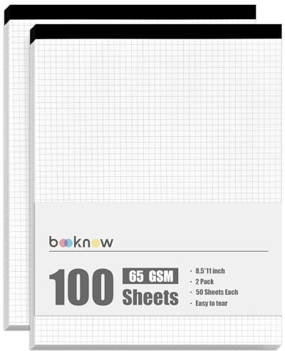 BOOKNOW 2-Pack 8.5 x 11 White 4x4 Quad Ruled Graph Paper Pads, 50 Sheets per Pad, for Office, School, Drawing, Math, Drafting, and Engineering