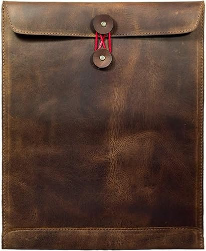 Leather Mailing Envelope Document Holder, Leather Portfolio Binder,A4 Letter Size Filing Folder,Gummed Folder Case Vertical Protector, Office Padfolio, Handmade Desk Accessories (Bourbon Brown)