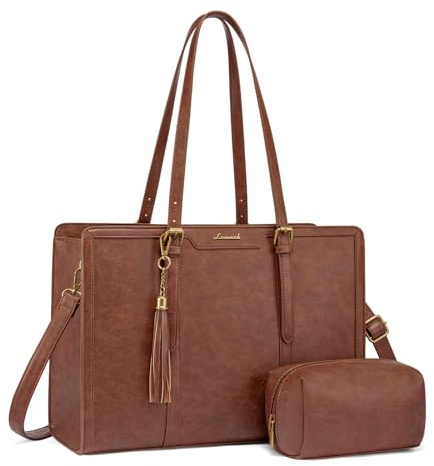 LOVEVOOK Laptop Bag for Women Vintage Leather Laptop Tote 17.3 inch Large Capacity Computer bag with Clutch Purse for Work