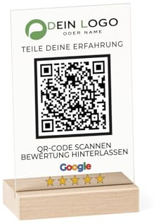 QR-Code Aufsteller für Google Bewertungen | Bewertungskarte personalisierbar Acryl transparent 15x10 cm inkl. Holzfuss
