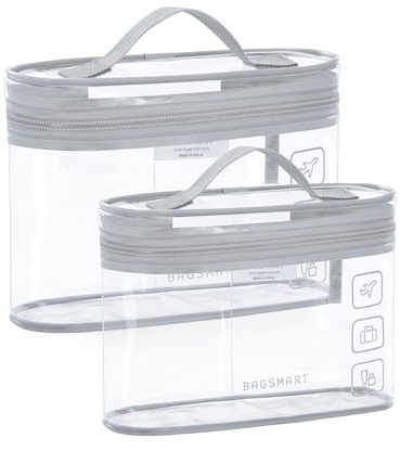 BAGSMART TSA-zugelassener Kulturbeutel, 2er-Pack Transparenter Make-up-Kosmetikbeutel-Organizer, Reisetasche in Quart-Größe für Toilettenartikel, Reisezubehör fürs Handgepäck, Grau, 2 Stück