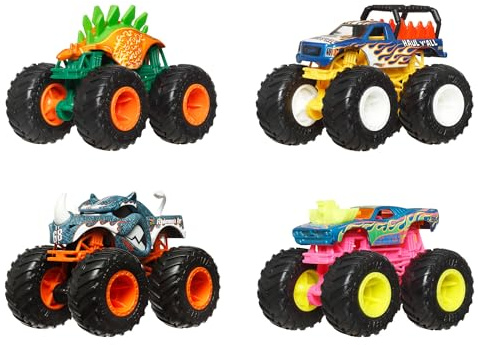 Hot Wheels Pack de 4 Monster Trucks Assortiment de véhicules à l’échelle 1/64, roues géantes, personnages préférés, superbes décorations, JGD65