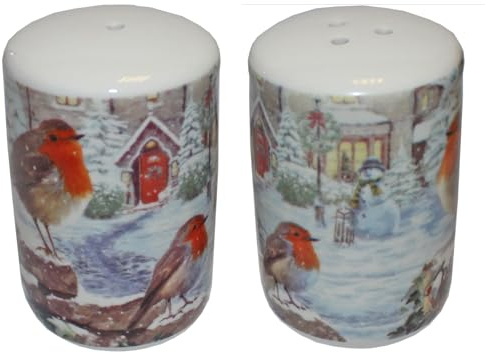 Christmas Salt and Pepper Pots Gift Boxed Fine China Tableware (Robin Family)
