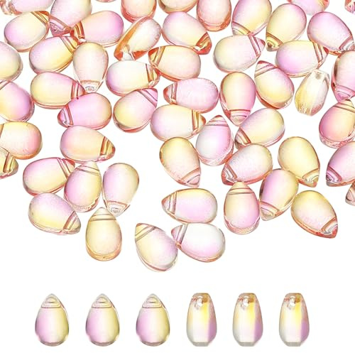 PATIKIL Tjeckiska glas tårdroppspärlor, 50 st toppborrade klara glasfröpärlor kristall puffade regndroppspärlor, röd rosa gradient, 6 x 9 mm