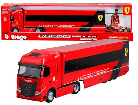 Bburago - Iveco S-Way 570 Racing mit Ferrari SF-24#16 Leclerc, Diecast-Set Maßstab 1:43, Transporter mit F1-Auto, Ferrari- und Iveco-Lizenz, Alter 3+