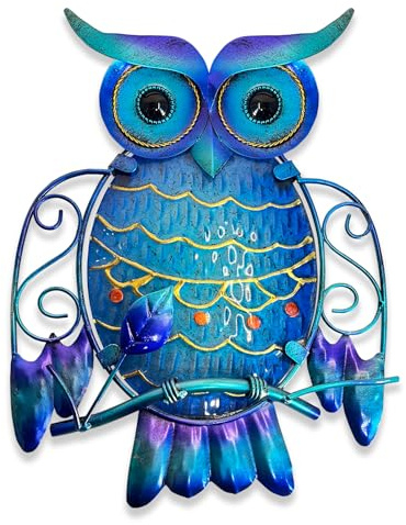 Liffy Metal Owl Wall Decor - Cute Colorful Outdoor Wall Art - Glass Hanging Garden Owl Decor for Patio, Porch or Door, Gifts for Women