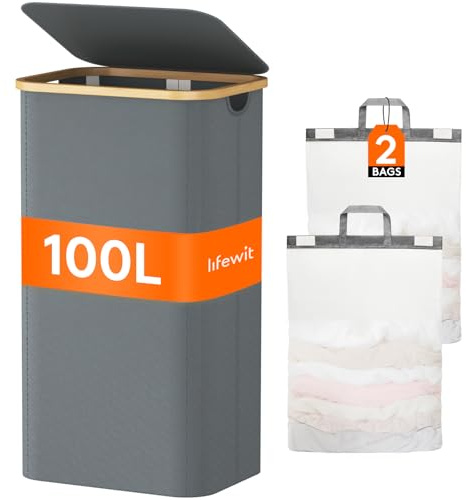 Lifewit 100L 2-Compartment Laundry Basket with Lid, Removable Bags, Gray | Large Washing Basket with Bamboo Handles, Clothes Hamper for Laundry, Bathroom, Bedroom and Dorm, Light Grey